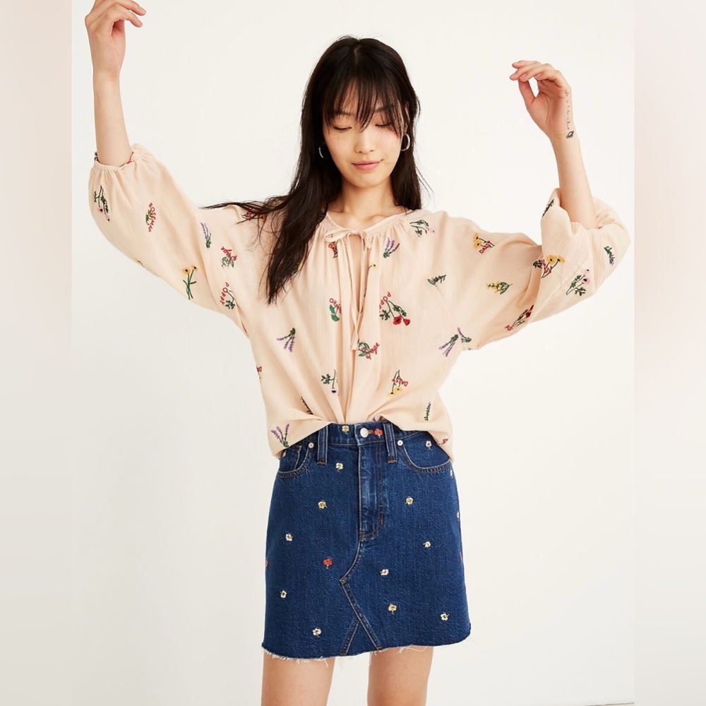 Madewell Rigid Denim A-Line Mini Skirt: Confetti Floral Embroidered - Size 28